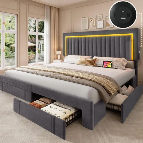 Vista 12 de YITAHOME Base de cama tamaño Queen con cabecera ajustable, 4 cajones de almacenamiento y luces LED RGB, cama de plataforma tapizada de terciopelo
