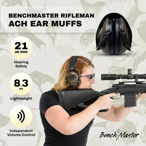 Vista 3 de BenchMaster Rifleman ACH - Orejeras para disparar, 21 dB, conciencia situacional, orejeras de protección auditiva, conector de música de 0.138 in