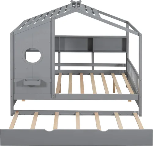 Vista 7 de SOFTSEA Cama de plataforma de tamaño matrimonial con nido y estantes de almacenamiento, marco de cama de madera con listones de soporte, cama