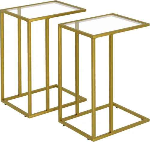 Vista 9 de Mesa auxiliar en forma de C, mesa auxiliar pequeña para sofá, mesa auxiliar de vidrio templado con marco de metal para espacios pequeños, sala