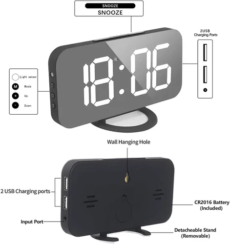 Vista 5 de Miowachi Reloj despertador digital, reloj LED de espejo grande, repetición, luz nocturna tenue, 2 puertos de cargador USB, reloj despertador de Negro