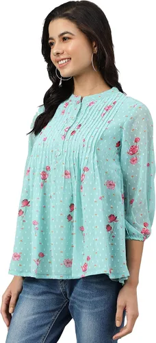 Vista 4 de Janasya Indian Sea Green Dobby Georgette - Camiseta acampanada con estampado floral para mujer