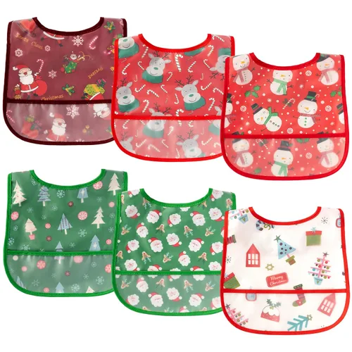Vista 11 de 6 piezas de baberos impermeables para niños pequeños con bolsillo recogemigas, juego de baberos para bebés con ajuste para dientes de leche, baberos
