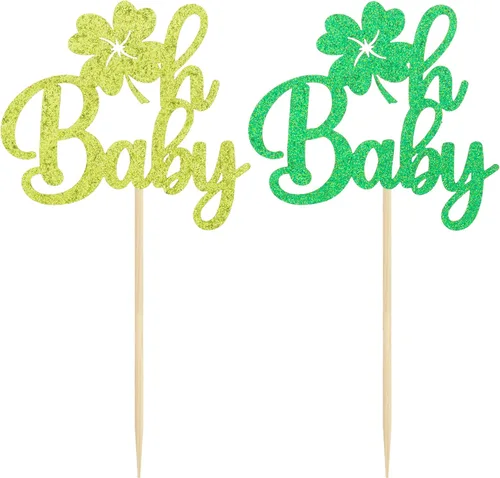 Vista 3 de Gyufise Paquete de 24 adornos para cupcakes del Día de San Patricio Lucky Oh Baby con decoraciones de cuatro hojas para pastel de baby shower de San