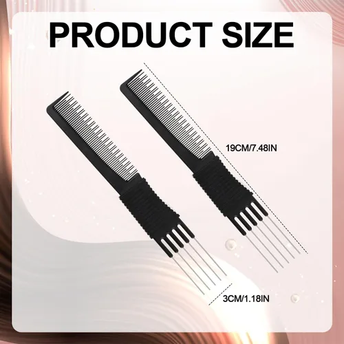 Vista 2 de 2 peines de carbono negro para levantar el pelo, de doble cabeza, herramienta de peine de cola de rata para cabello grueso, fino y fino, esponjoso