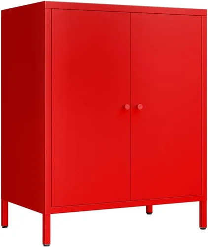 Vista 28 de Gabinete de almacenamiento lateral de metal pequeño de 2 puertas para habitación, entrada, pasillo, cocina, 1 estante extraíble.