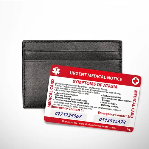 Vista 2 de Concientización de la tarjeta médica con panel grabable y cordón modelado, tarjeta de PVC de contacto de emergencia (Ataxia)