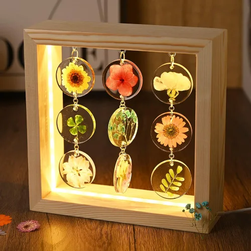 Vista 2 de SMUK Lámpara de mesa LED de flores secas, hecha a mano, estética, de 3 vías, regulable, decorativa, con marco de madera, para dormitorio, sala