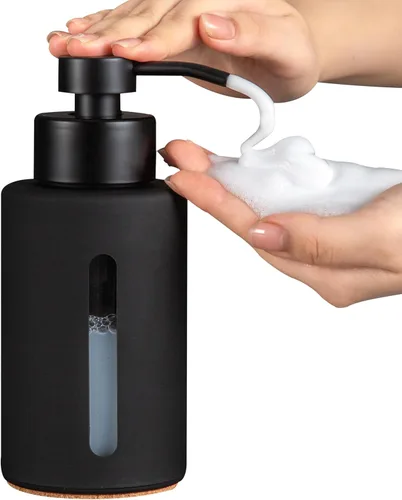Vista 8 de Enra Dispensador de jabón de vidrio con ventana transparente, dispensador de bomba manual de acero inoxidable mate de 12 onzas, dispensador de jabón