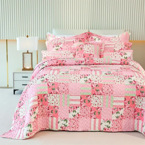 Vista 11 de Colcha floral con 1 funda de almohada, tamaño individual, juego de edredón de retazos rosa de 2 piezas, edredón de verano para niñas y mujeres