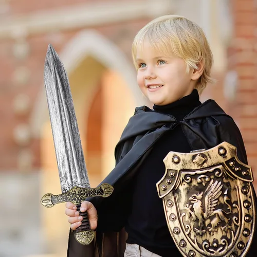 Vista 5 de quescu 2 juegos de espadas de juguete, espada romana de plástico con funda, accesorios de disfraz de guerrero medieval para Halloween, cosplay
