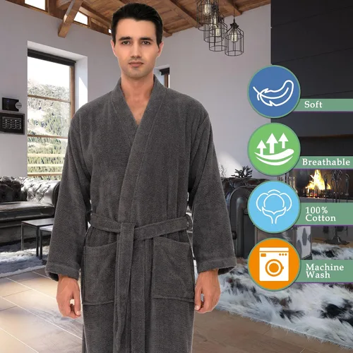 Vista 5 de TowelSelections Bata de baño de lujo con kimono de rizo suave 100% algodón para hombre