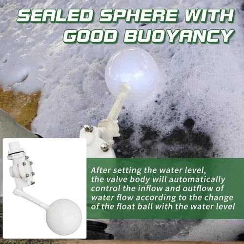 Vista 5 de Válvula flotante desmontable de 3/4, válvula de flotador de agua de plástico blanco con brazo ajustable para control de nivel de agua para estanque