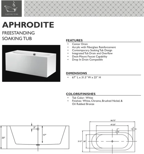 Vista 7 de Carver Tubs - Aphrodite 67 "- Bañera independiente moderna con masaje de aire calentado con chorro - Forma rectangular ovalada característica amplia