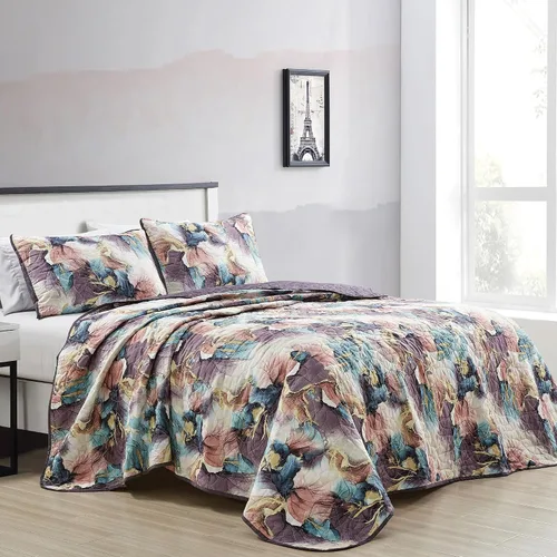 Vista 16 de ESCA - Juego de colcha de 3 piezas, tamaño Queen, con estampado de girasoles amarillos reversible, floral negro y verde