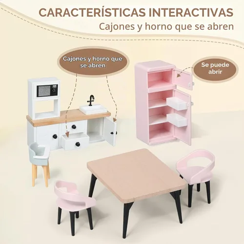 Vista 4 de Juego de muebles de madera para casa de muñecas Pithfor, accesorios y muebles para casa de muñecas, con 7 habitaciones, 3 muñecas, incluye juego
