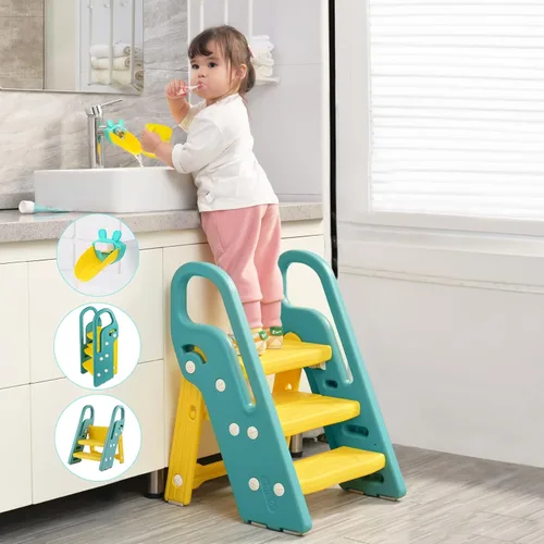 Vista 11 de Onasti Taburete plegable para niños pequeños para lavabo de baño, taburete ajustable de 3 pasos para niños, taburete de entrenamiento para orinal