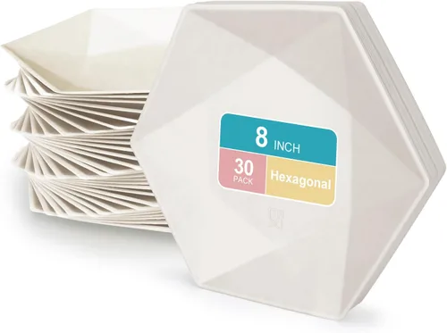 Vista 10 de Paquete de 30 platos de papel desechables de 8 pulgadas, platos de papel hexagonal azul, platos de postre 100% biodegradables para bodas
