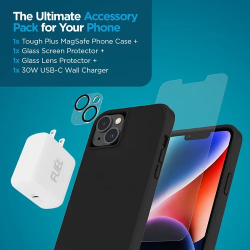 Vista 6 de Case-Mate Paquete de protección 4 en 1, funda para iPhone 14 Plus (negro pesado), vidrio templado, protector de lente y cargador USB C de 30 W