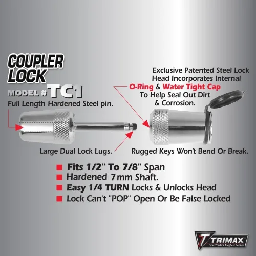 Vista 2 de Trimax Bloqueo de acoplador (se adapta a acopladores con hasta 7/8" Span) TC1, embalaje de almeja, cromo