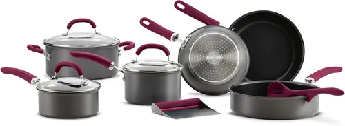 Vista 8 de Rachael Ray Create Delicious - Juego de ollas y sartenes antiadherentes anodizadas duras, 11 piezas, asas burdeos