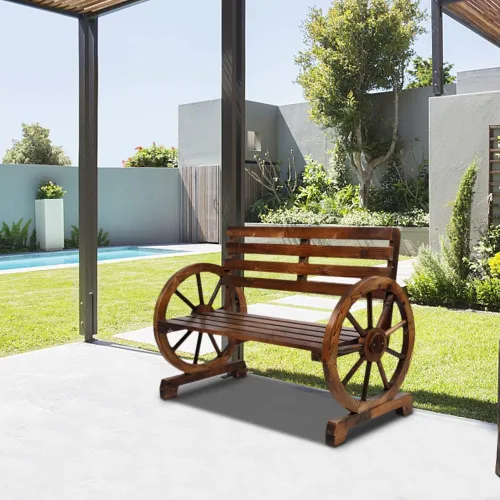 Vista 8 de Banco de ruedas de madera para 2 personas, asiento de madera rústico con asiento y respaldo de listones, color marrón