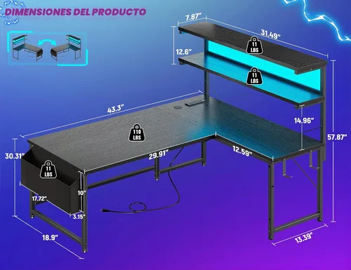 Vista 3 de DurayLoly Escritorio en forma de L para juegos con luz LED y toma de corriente, escritorio reversible en forma de L para computadora de 43.3