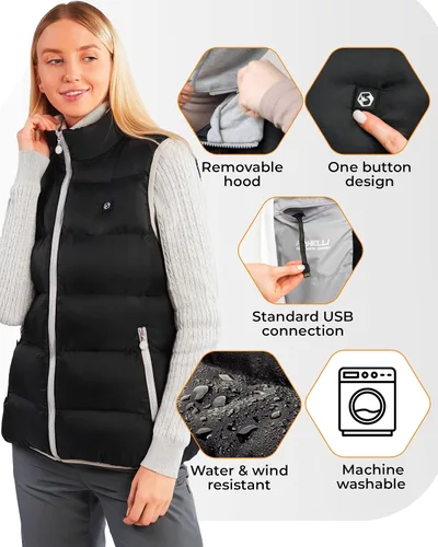 Vista 5 de Foxelli Chaleco térmico para mujer con batería incluida chaleco ligero recargable por USB para mujer