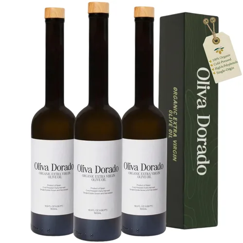 Vista 10 de Oliva Dorado Aceite de oliva virgen extra orgánico, 100% sin refinar y prensado en frío, hecho de aceitunas arbequinas ricas en polifenoles, origen