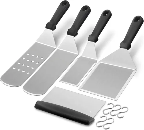 Vista 9 de HaSteeL - Juego de 5 espátulas de metal, kit de accesorios de plancha resistente, de acero inoxidable duradero, para hamburguesas, espátulas