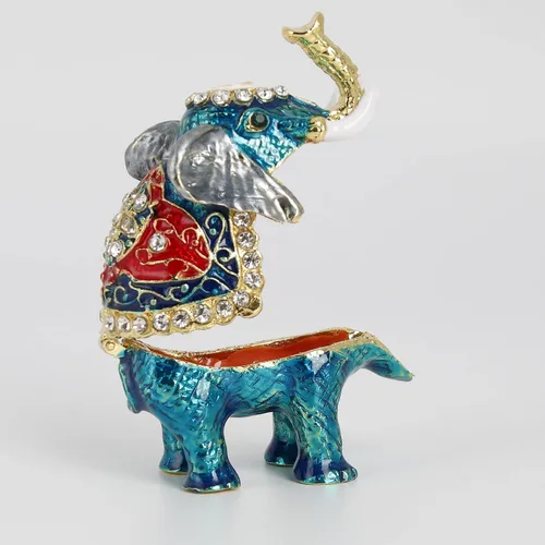 Vista 6 de Pequeña caja de baratija de elefante azul con bisagras Joyeros pintados a mano figura de elefante regalo