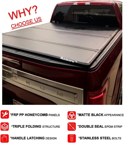 Vista 3 de Mamoru Cubierta rígida Tri Fold de 5'7" Tonneau para Nissan Titan 2004-2015 FRP Cubierta de caja de camión Ajuste para el sistema de riel