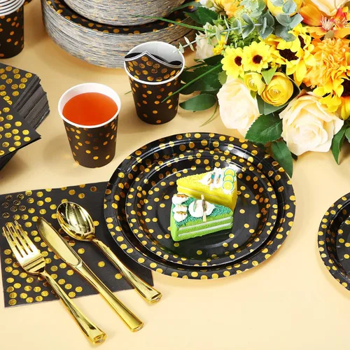 Vista 4 de 700 piezas de suministros de fiesta negros y dorados, juegos de vajilla desechables para 100 invitados, platos de papel negro y dorado, servilletas