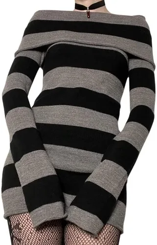 Vista 3 de Vestido corto de punto con hombros descubiertos, manga larga, hombros descubiertos, vestido corto de punto acanalado Y2K