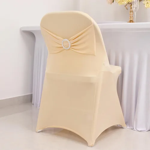 Vista 48 de Efavormart - Funda para silla de banquete de elastano beige con banda de hebilla de diamantes de imitación plateados, funda elástica para silla