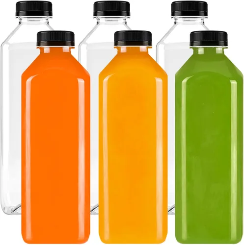 Vista 14 de Moretoes 6 botellas de 120 ml de plástico para jugo con tapas, botellas transparentes vacías reutilizables para shots de jengibre, recipientes