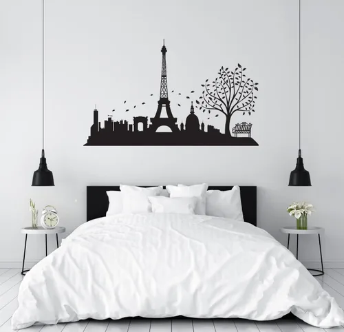 Vista 2 de Calcomanía de pared de la ciudad de París y la Torre Eiffel, diseño de horizonte de París, calcomanía de pared de la Torre Eiffel de París