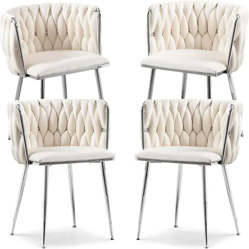 Vista 30 de Juego de 2 sillas de comedor de terciopelo, sillas laterales tapizadas tejidas con patas de metal negro, sillas decorativas modernas, sillas