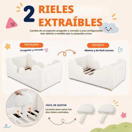 Vista 6 de Cama de suelo para niños pequeños, cama Montessori suave con rieles extraíbles