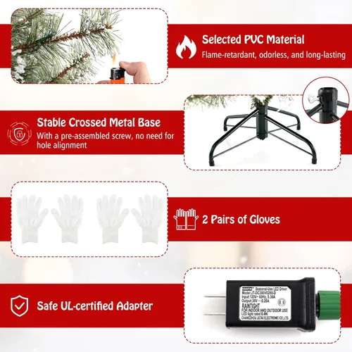 Vista 6 de Goplus Árbol de Navidad artificial preiluminado de 6 pies, árbol de Navidad con bisagras con conector de alimentación rápida de 360°, 350 luces LED