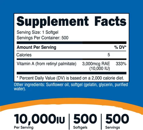 Vista 2 de Nutricost Vitamina A 10.000 UI, 500 cápsulas blandas (2 botellas)