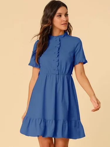 Vista 5 de Allegra K Vestido camisero de algodón ajustado y acampanado para mujer con cinturón y botones frontales con volantes, M