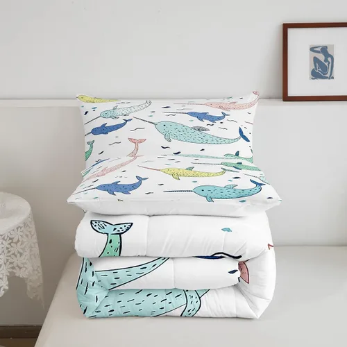 Vista 6 de Erosebridal Narwhal - Juego de edredón de ballena oceánica, edredón de plumón náutico costero para niños y niñas, vida marina, animales de dibujos