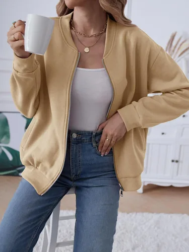 Vista 2 de MEROKEETY Sudaderas de manga larga con cremallera para mujer, chaquetas casuales sueltas con bolsillos