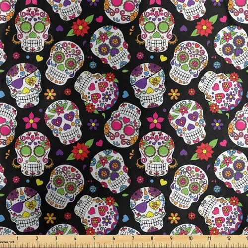 Vista 80 de Ambesonne The Yard, tela de calavera colorida con temática de Halloween, diseño de calavera y huesos cruzados, divertido estampado de dibujos