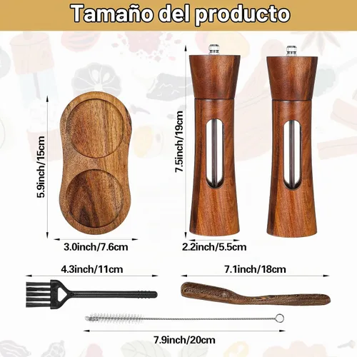 Vista 2 de Juego de molinillo de sal y pimienta de madera, molinillo de sal y pimienta de madera recargable manual de 8 pulgadas con cepillo, bandeja