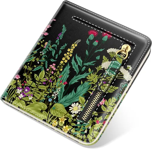 Vista 20 de Billetera de cuero genuino de lujo para mujer con bloqueo RFID, compacta, plegable, con ventana para identificación, Gato negro, Moderno