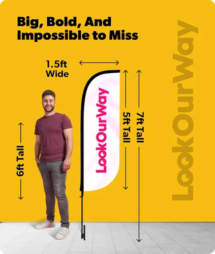 Vista 3 de LookOurWay Paquete de 3 banderas de plumas de 5 pies de alto para publicidad empresarial, incluye 3 banderas, 3 juegos de postes de fibra de vidrio