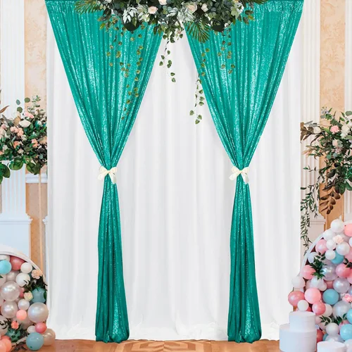 Vista 2 de ShinyBeauty Cortinas de lentejuelas 2 paneles de 2 x 8 pies, cortinas de fondo de fiesta verde azulado con purpurina para bodas, Navidad, Año Nuevo