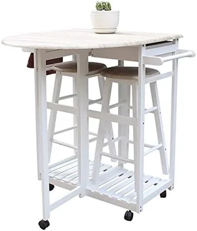 Vista 3 de Juego de mesa de comedor, barra de cocina plegable, carrito de desayuno con hojas colgantes para espacios pequeños, isla de cocina con ruedas